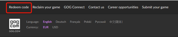 GOG.com redeem code button location on the homepage