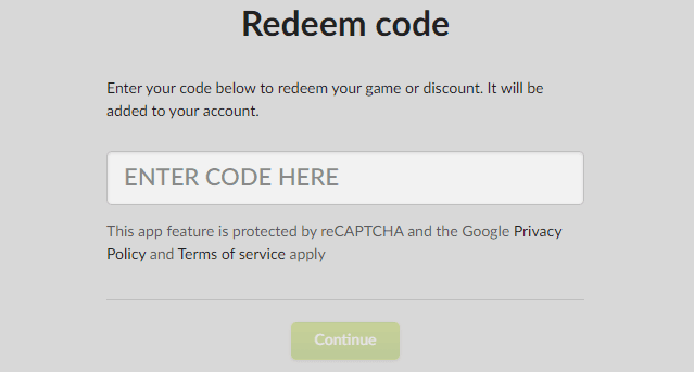 GOG.com code redemption form where you enter your game key