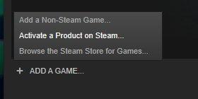 Screenshot: Select "Activate a Product on Steam..." — Steam client window showing the activation process
