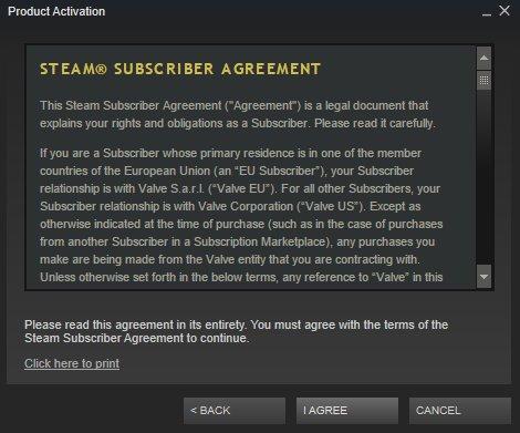 Screenshot: Accept the Steam Subscriber Agreement — Steam client window showing the activation process