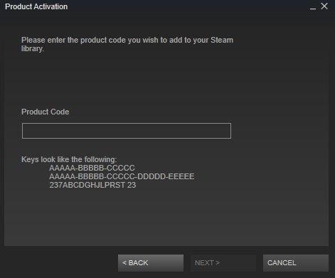 Screenshot: Enter your game code — Steam client window showing the activation process