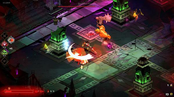 Hades screenshot: Zagreus battles a fiery orange foe in a dungeon with glowing green pillars and scattered purple crystals.