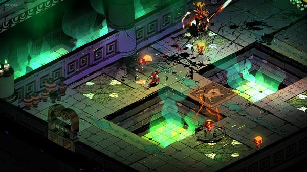 Hades screenshot: The protagonist battles fiery skull enemies in a neon-lit dungeon with glowing green pits and intricate decor.