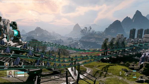 StarRupture screenshot: A futuristic landscape with towering mountains and advanced machinery, showcasing a vast, detailed world.