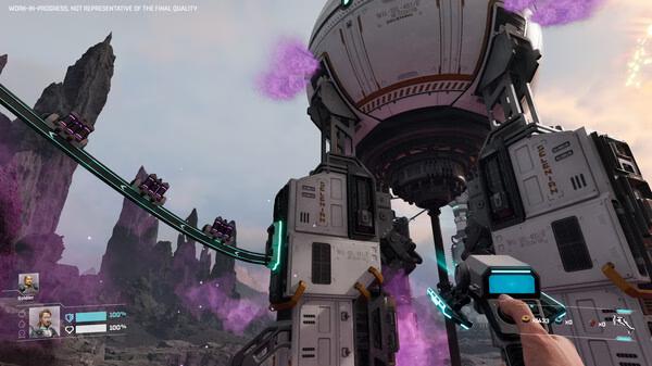 A StarRupture screenshot showing a player's point of view aiming at a futuristic structure with purple energy and rocky terrain.