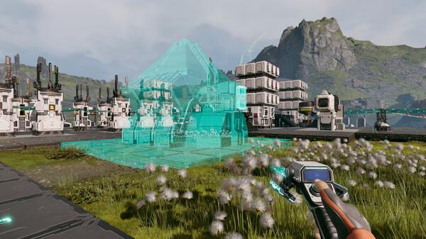 Screenshot from StarRupture showing a futuristic landscape with a player aiming a weapon at a holographic building structure.