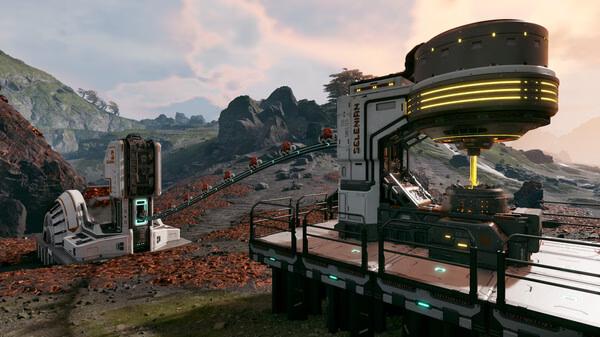 StarRupture screenshot: A futuristic mining facility operates on a rocky alien landscape under a cloudy sky.