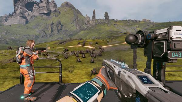 StarRupture screenshot: A player fires at alien creatures from a platform, with rugged terrain and a massive structure in the background.
