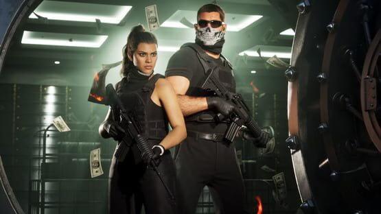 Grand Theft Auto VI (PlayStation 5) screenshot: Two armed characters in tactical outfits stand in a vault with floating cash around them.