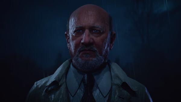Screenshot from "Halloween: The Game" showing a close-up of a serious man in a raincoat, standing under a dark, rainy night sky.
