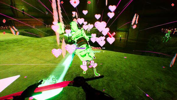 Screenshot from "Don't Stop, Girlypop!" showing a glowing green enemy surrounded by pink heart effects during combat.
