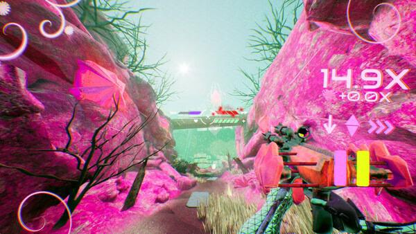 A vibrant screenshot from "Don't Stop, Girlypop!" shows a player navigating a neon pink canyon with a futuristic weapon.