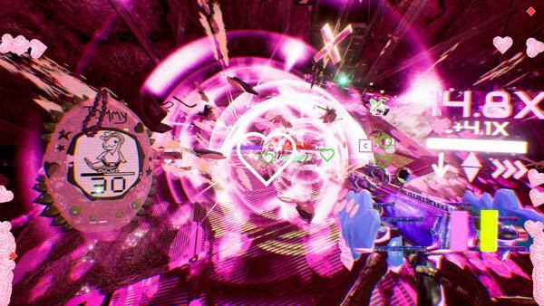 Screenshot from 'Don't Stop, Girlypop!' showing a vibrant, neon combat scene with a character firing at flying enemies.