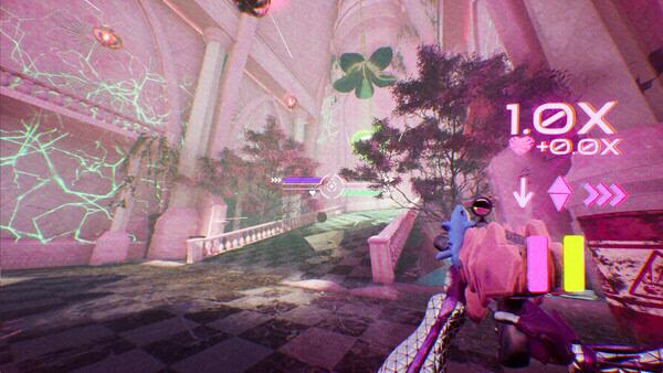 Screenshot from "Don't Stop, Girlypop!" showing a vibrant hallway with neon effects, a weapon, and HUD elements on screen.
