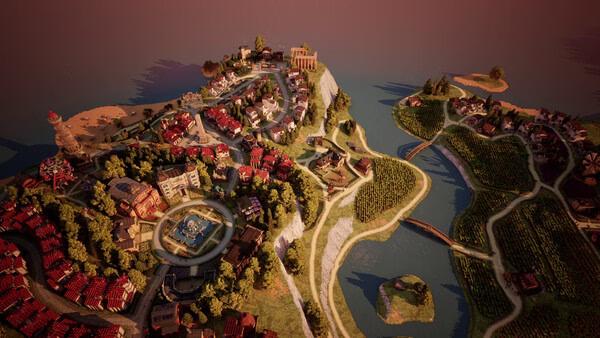 A "Town to City" screenshot showing a vibrant town with winding roads, lush greenery, and buildings near rivers and hills.