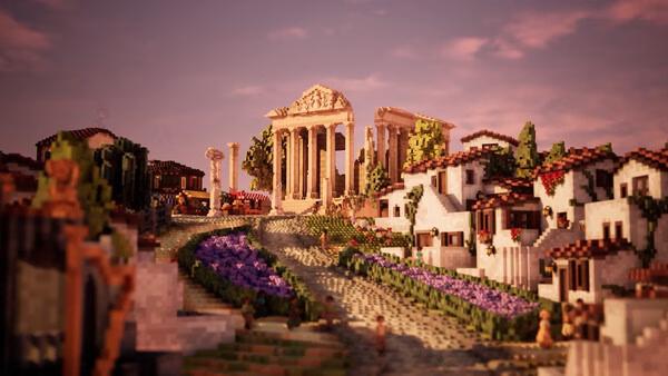 A Town to City screenshot showing a vibrant village with white houses, purple flowers, and a grand temple in the background.