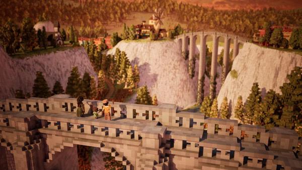 Screenshot from Town to City showing characters on a stone bridge overlooking a scenic valley with cliffs, trees, and a windmill.