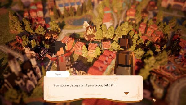 Screenshot from Town to City showing two characters in a lively village with houses, trees, and a windmill in the background.