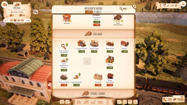 Screenshot of the game Town to City showing the research menu with upgrade options and a small town in the background.