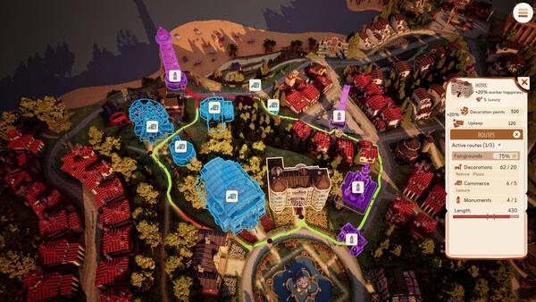 Screenshot from Town to City showing a colorful city map with highlighted routes, buildings, and a stats panel on the right.