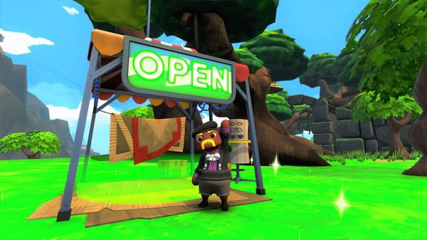 A screenshot from Totally Reliable Delivery Service showing a character in a hat standing near a colorful "OPEN" sign in a grassy area.