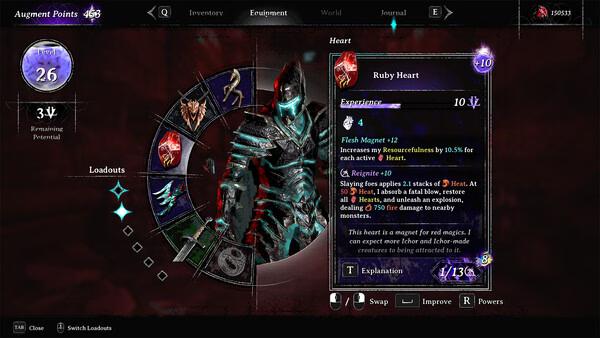 Screenshot from the game VOIN showing the equipment menu with a highlighted item, "Ruby Heart," and its stats and abilities.