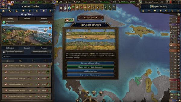 Screenshot from Europa Universalis V showing a decision menu for founding a colony in Chorti, with options to choose the colony's focus.