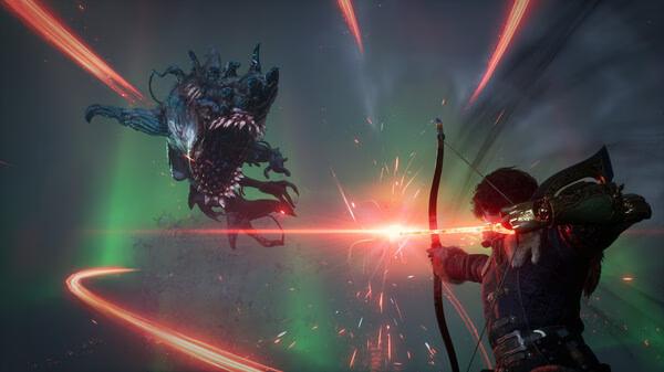 A Lies of P: Overture screenshot showing a character firing a glowing arrow at a monstrous creature amidst vibrant green and red light.