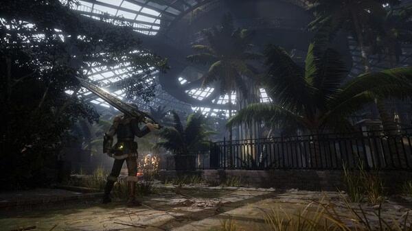 A screenshot from Lies of P: Overture shows a character wielding a large sword in a lush, overgrown glass-domed structure.