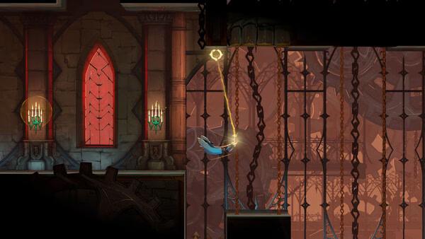 Screenshot from Castlevania: Belmont's Curse showing a hero swinging on a glowing chain in a gothic castle with red windows.