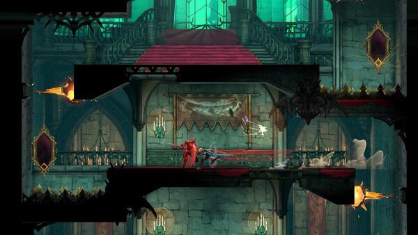 Screenshot from Castlevania: Belmont's Curse showing a battle in a gothic castle interior with a red demon enemy.