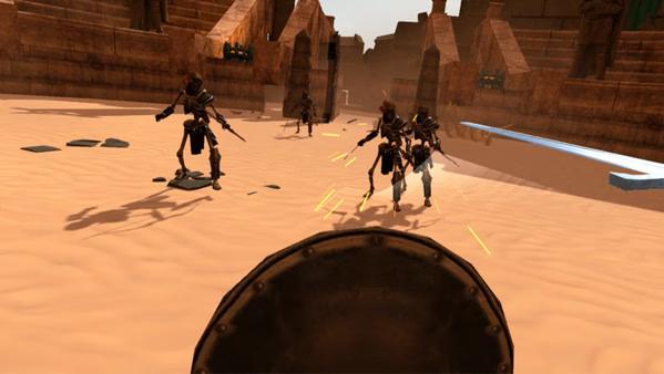 Screenshot from Arena: Blood on the Sand VR showing a shield view as skeletal enemies attack in a desert arena.