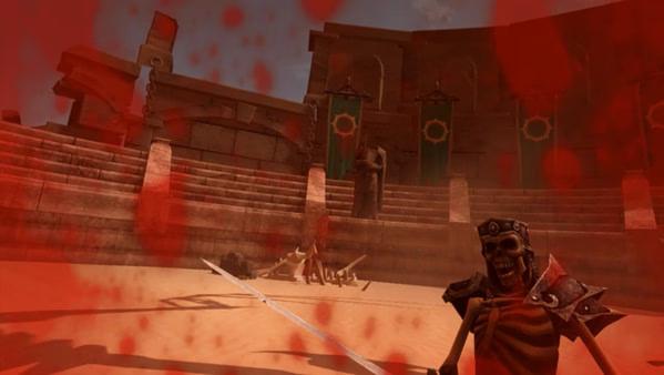 Screenshot from Arena: Blood on the Sand VR showing a skeleton warrior attacking in a blood-spattered desert arena.