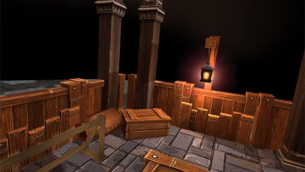 Screenshot from Arena: Blood on the Sand VR showing a wooden arena interior with crates, beams, and a glowing lantern.