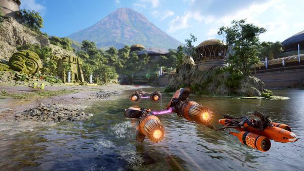 Screenshot from STAR WARS: Galactic Racer™ showing podracers speeding through a lush, scenic track with a mountain backdrop.