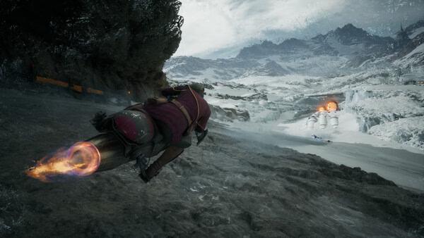 A screenshot from STAR WARS: Galactic Racer™ shows a racer speeding through a snowy canyon on a fiery hoverbike.