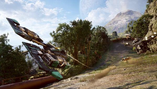 A screenshot from STAR WARS: Galactic Racer™ showing two podracers speeding through a lush, mountainous landscape.