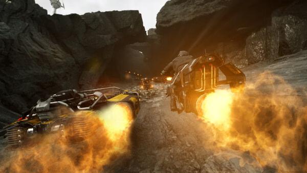 Screenshot from STAR WARS: Galactic Racer™ showing two speeders racing through a rocky canyon with fiery exhaust trails.