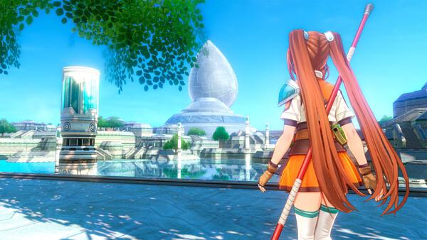 A screenshot from Trails in the Sky 2nd Chapter showing a character with a staff overlooking a serene lake and futuristic architecture.