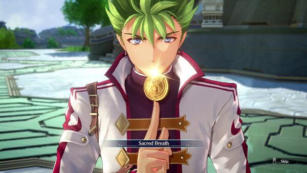 Screenshot from Trails in the Sky 2nd Chapter showing a character casting Sacred Breath, holding a glowing coin near their lips.