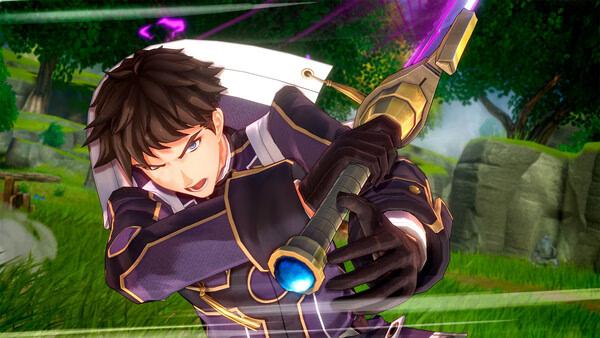 Screenshot of Trails in the Sky 2nd Chapter showing a character wielding a glowing sword in a vibrant green forest setting.