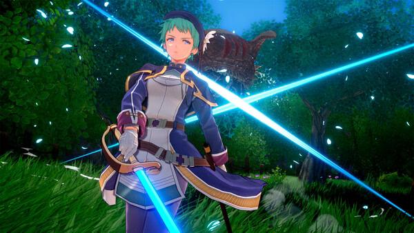 Screenshot from Trails in the Sky 2nd Chapter showing a character wielding a glowing sword in a lush forest with a creature nearby.