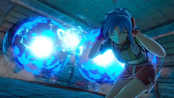 Screenshot from Trails in the Sky 2nd Chapter showing a character dodging two glowing blue orbs in a dimly lit dungeon.