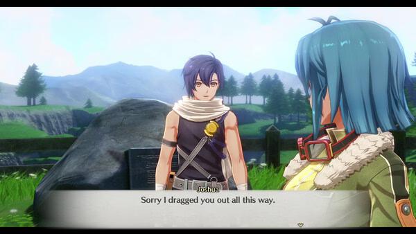 Screenshot of Trails in the Sky 2nd Chapter showing Joshua and Estelle talking outdoors near a scenic mountain view.