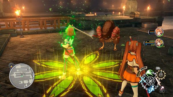 Screenshot from Trails in the Sky 2nd Chapter showing two characters battling a creature in a glowing dungeon environment.