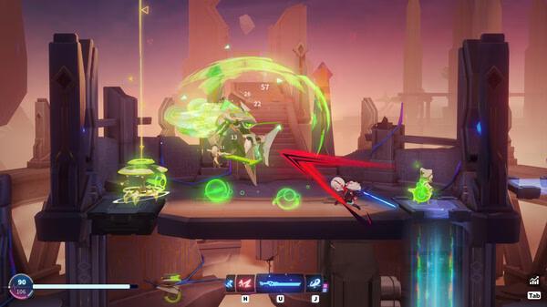 Screenshot from Neon Echo showing a character attacking an enemy with a red slash in a futuristic arena with glowing effects.