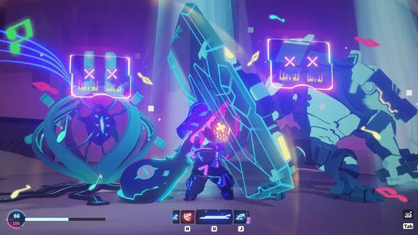 Neon Echo screenshot: A player wields a glowing shield, facing two neon-lit enemies in a vibrant, futuristic setting.