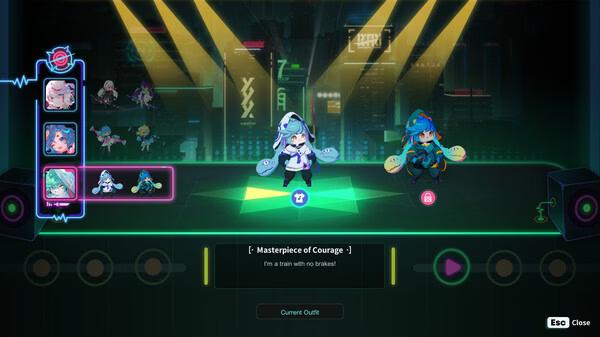 Screenshot from Neon Echo showing character selection with two highlighted characters on a stage, cityscape in the background.