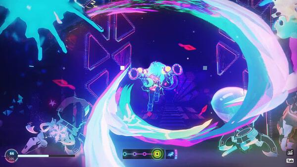 A vibrant Neon Echo screenshot showing a glowing character in combat, surrounded by neon effects and colorful energy trails.