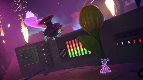 A screenshot from Kiln showing a colorful alien-like figure near a glowing plant and control panels in a sci-fi setting.